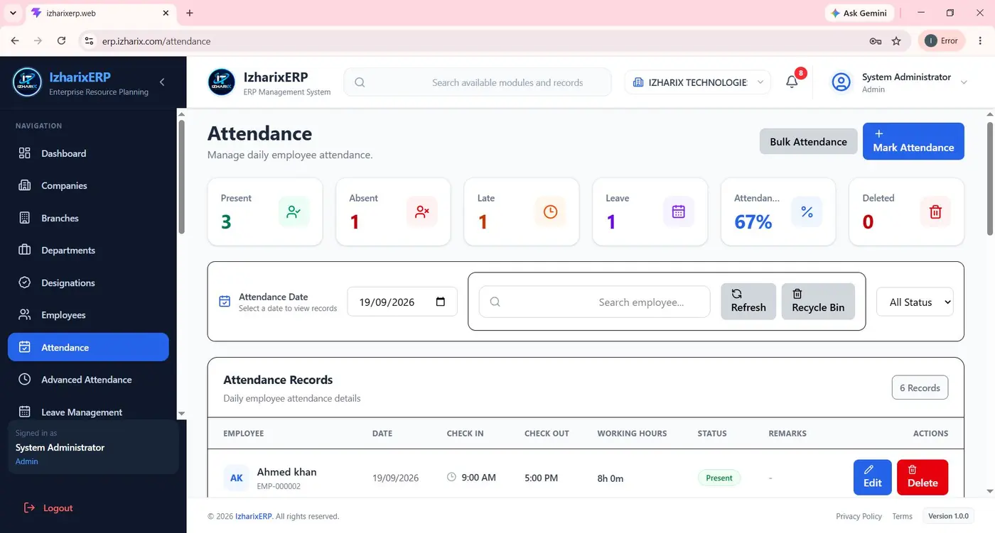Izharix ERP Attendance operations interface