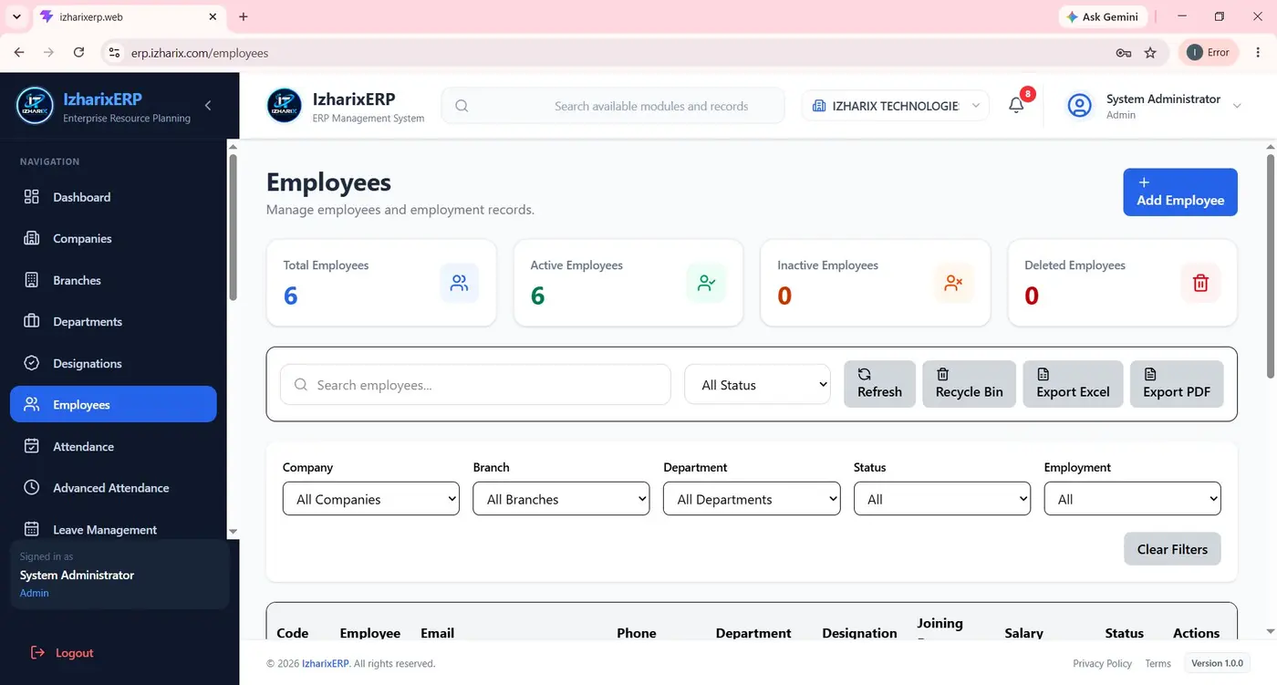 Izharix ERP Employee management interface