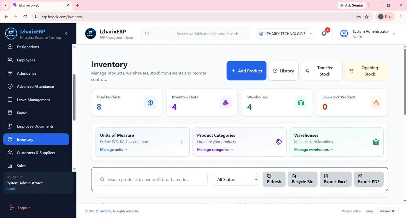 Izharix ERP Products and inventory interface