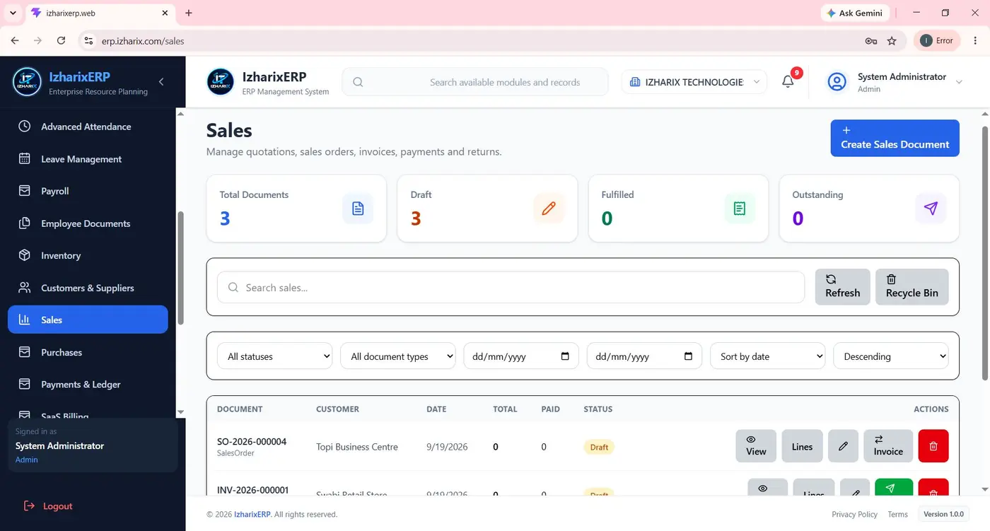 Izharix ERP Sales documents interface