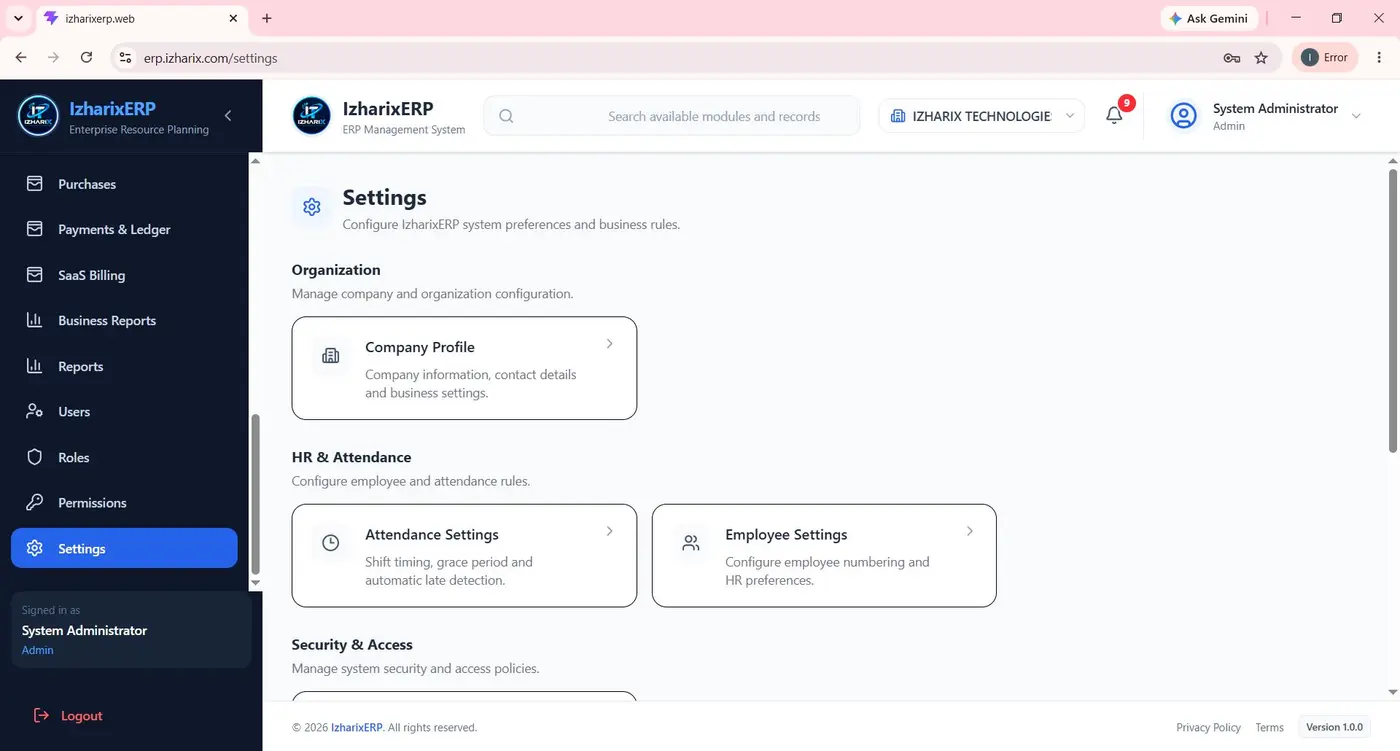 Izharix ERP Company settings interface